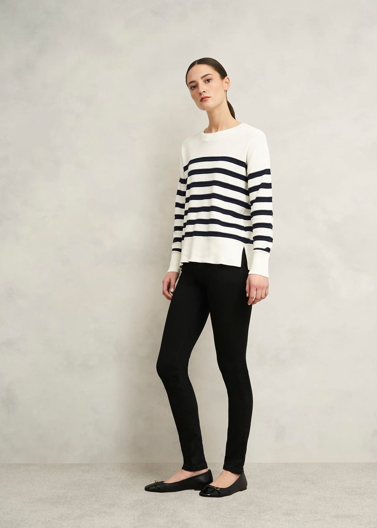 Amoura Striped Cotton Sweater, Ivory Navy, hi-res