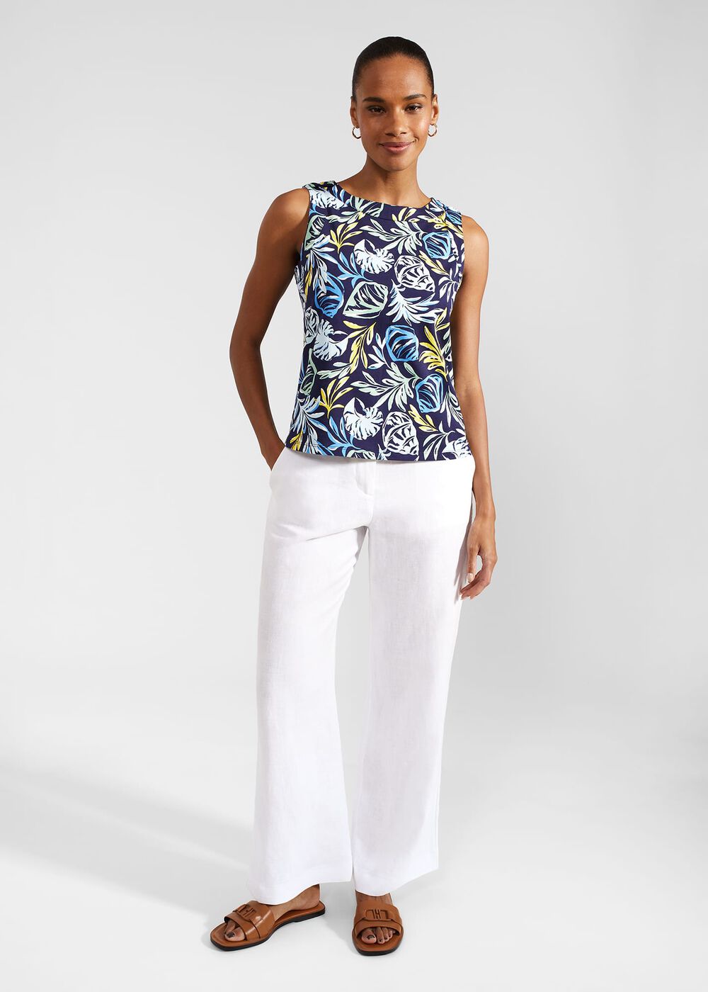 Maddy Cotton Printed Top, Navy Yellow, hi-res