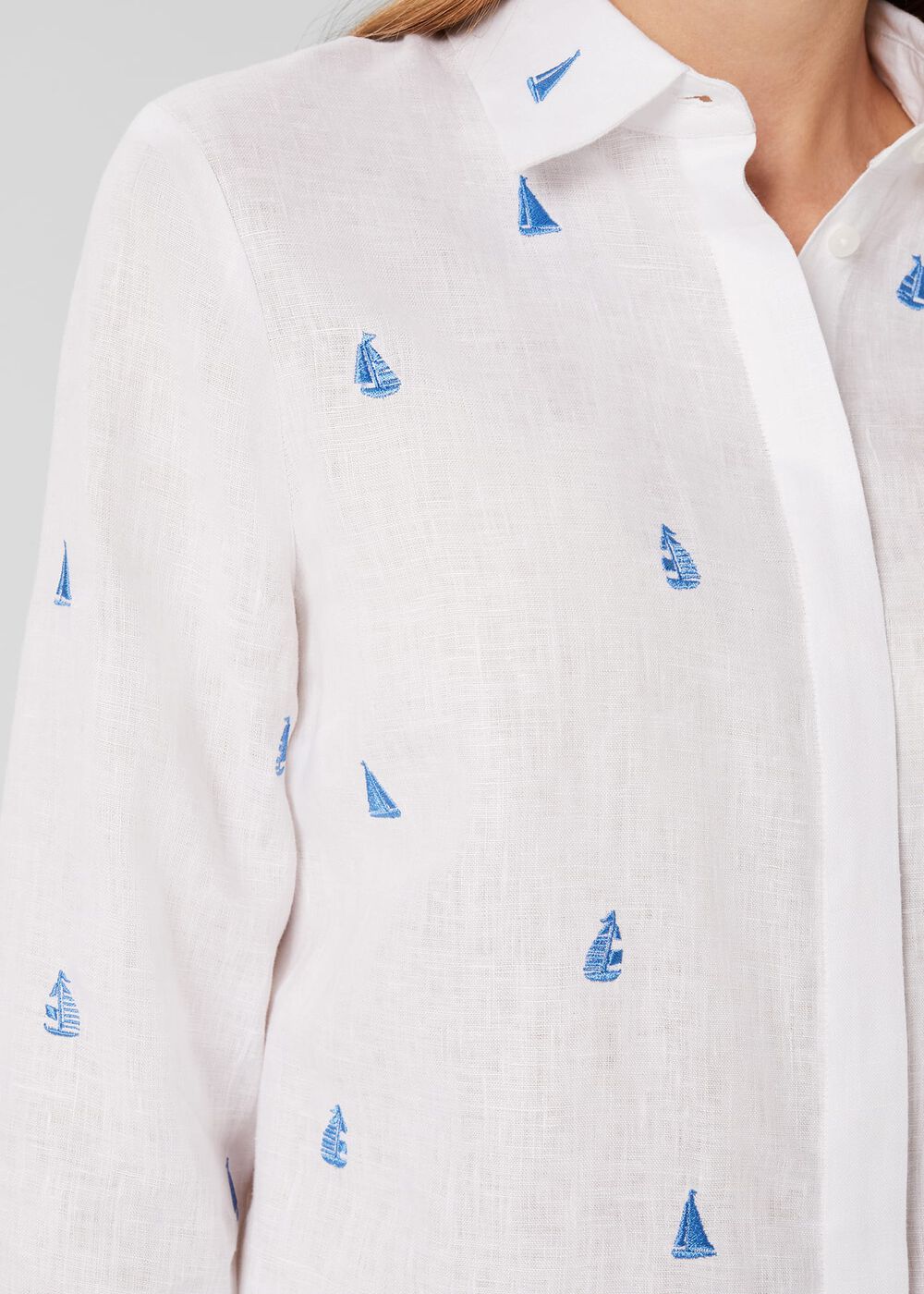 Embroidered Nita Linen Shirt, White Sky Blue, hi-res