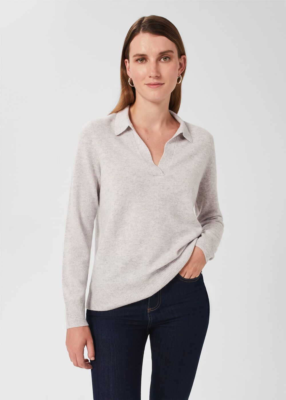 Cashmere Kayla Collared Sweater, Pale Grey Marl, hi-res