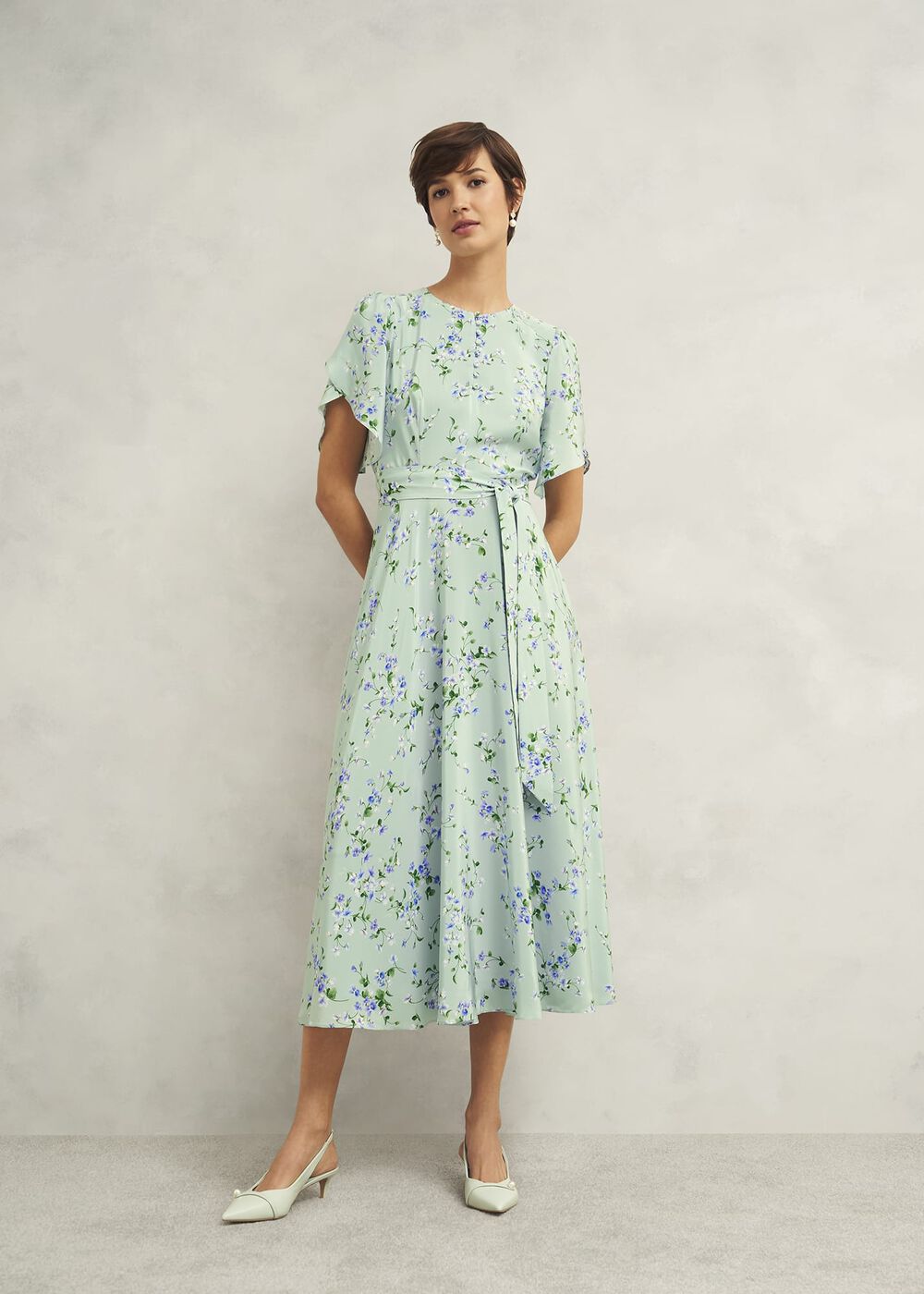 Sophia Silk Belted Dress, Sage Multi, hi-res