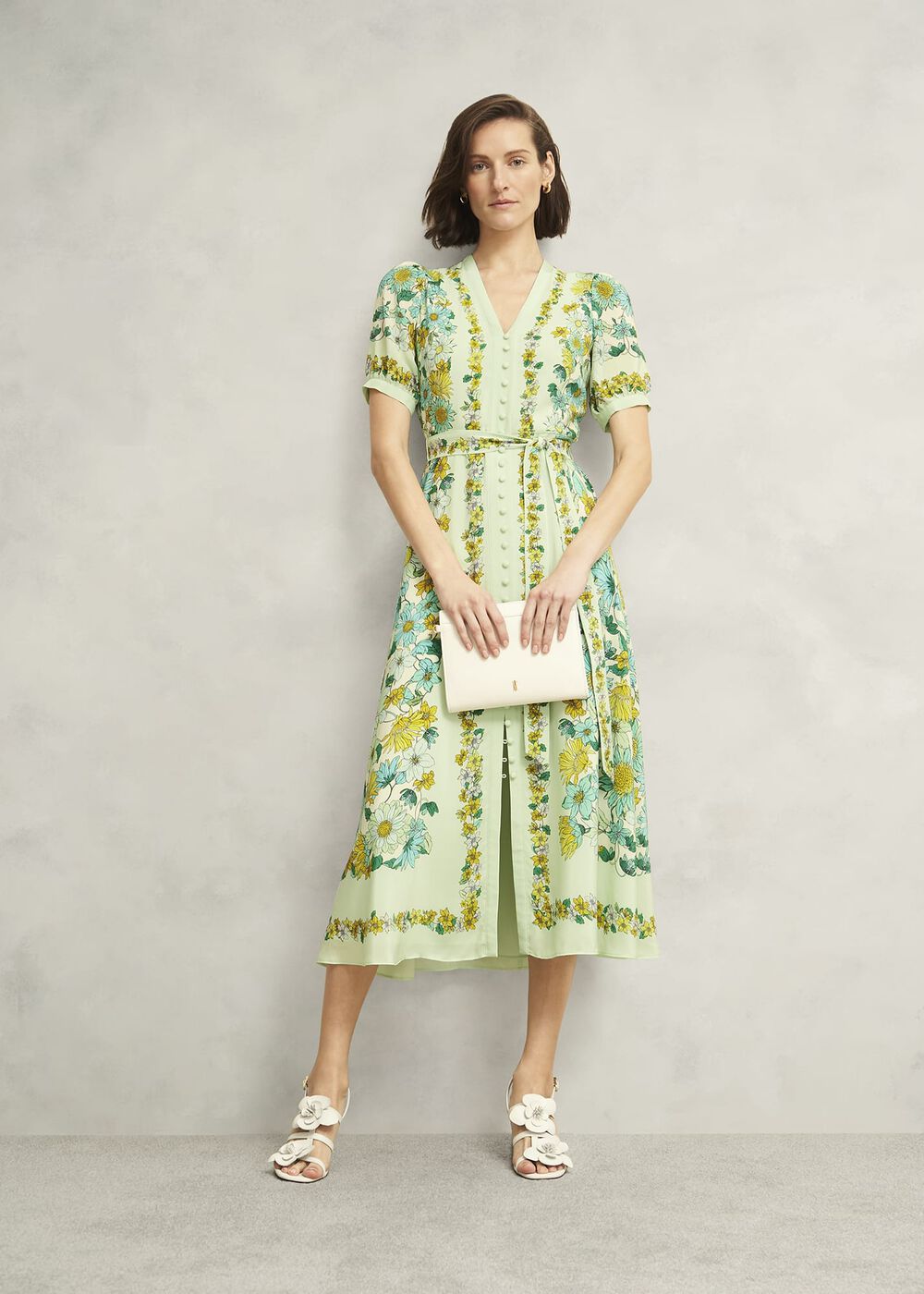Ince Silk V Neck Floral Dress, Green Multi, hi-res