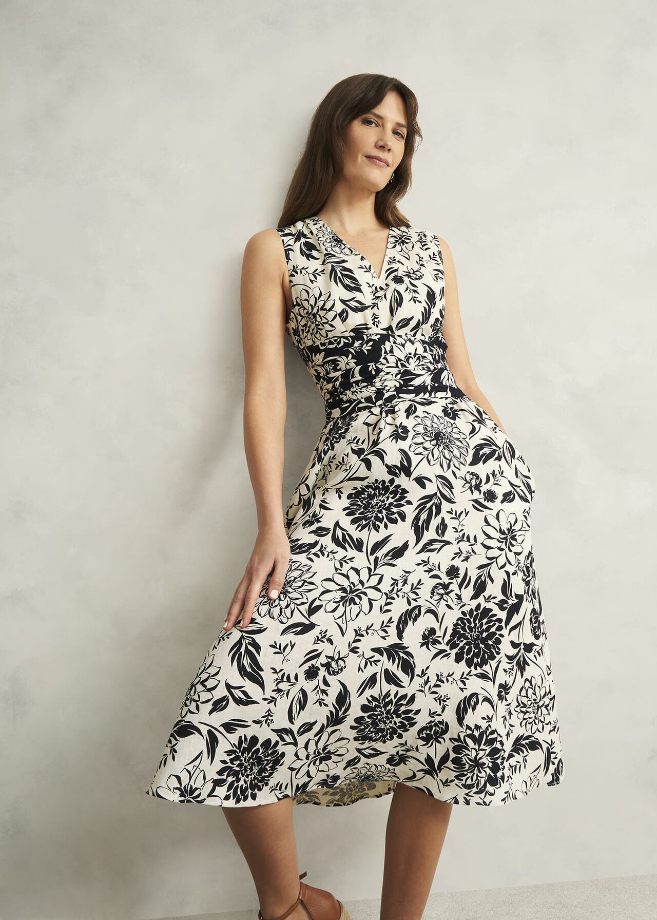 Petite Teagan Linen Dress, Ivory Navy, hi-res