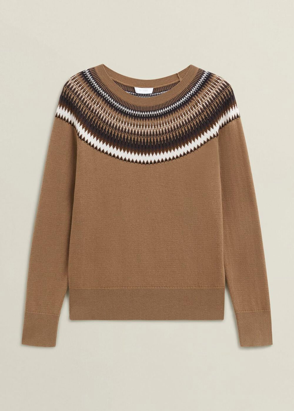 Camel Greta Wool Blend Fairisle Crew Neck Knitted Sweater, Camel Marl, hi-res