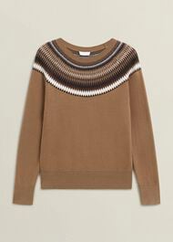 Camel Greta Wool Blend Fairisle Crew Neck Knitted Sweater, Camel Marl, hi-res