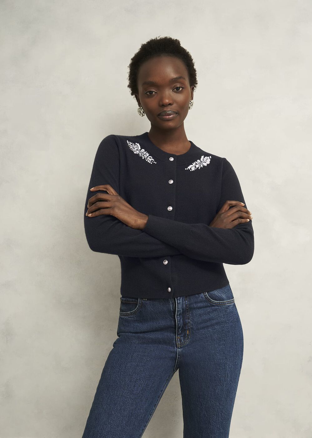 Penelope Wool Blend Gem Detail Cardigan, Hobbs Navy, hi-res