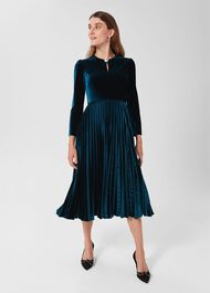 Rosalie Velvet Pleated Dress, Pine Green, hi-res