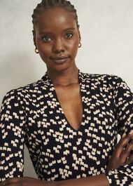 Navy Aimee Printed V Neck 3/4 Sleeve Top, Navy Ivory, hi-res