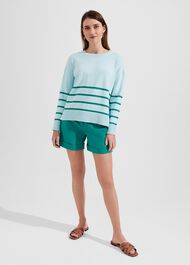 Lilia Cotton Stripe Sweater, Blue Aruba, hi-res