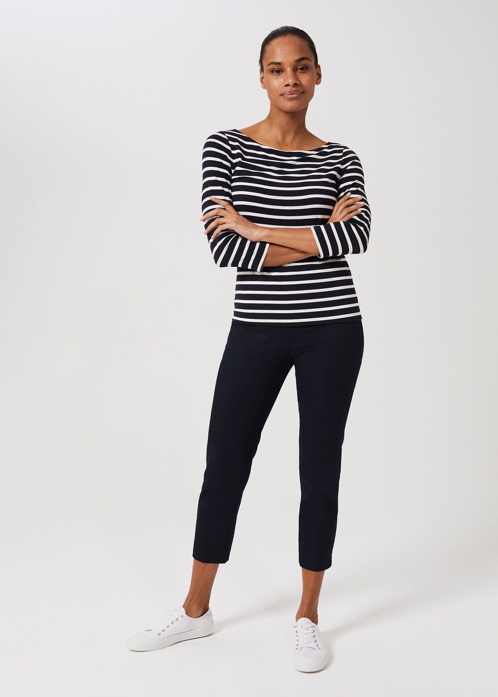 Mallory Cotton Blend Capri Trousers With Stretch, Navy, hi-res