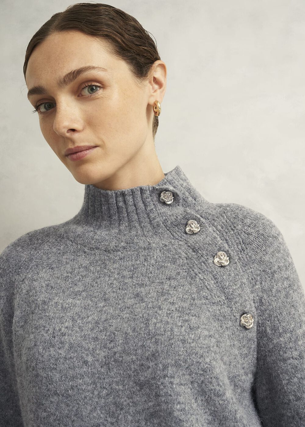 Lisbeth Roll Neck Button Detail Knitted Jumper, Mid Grey Marl, hi-res