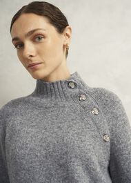 Lisbeth Roll Neck Button Detail Knitted Jumper, Mid Grey Marl, hi-res