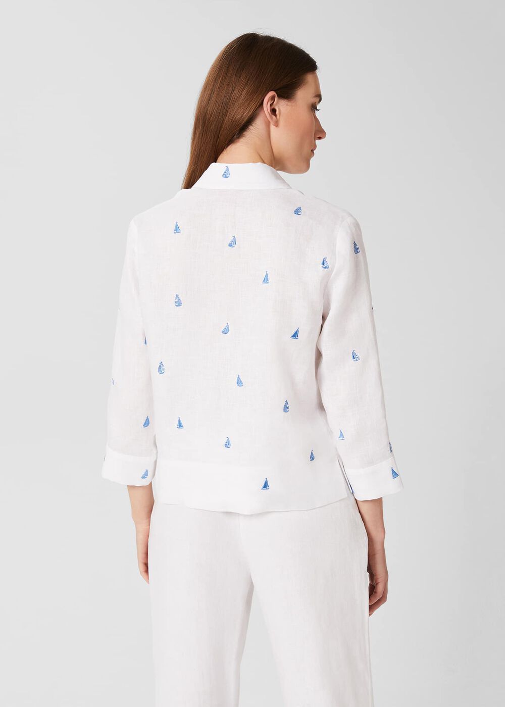 Embroidered Nita Linen Shirt, White Sky Blue, hi-res