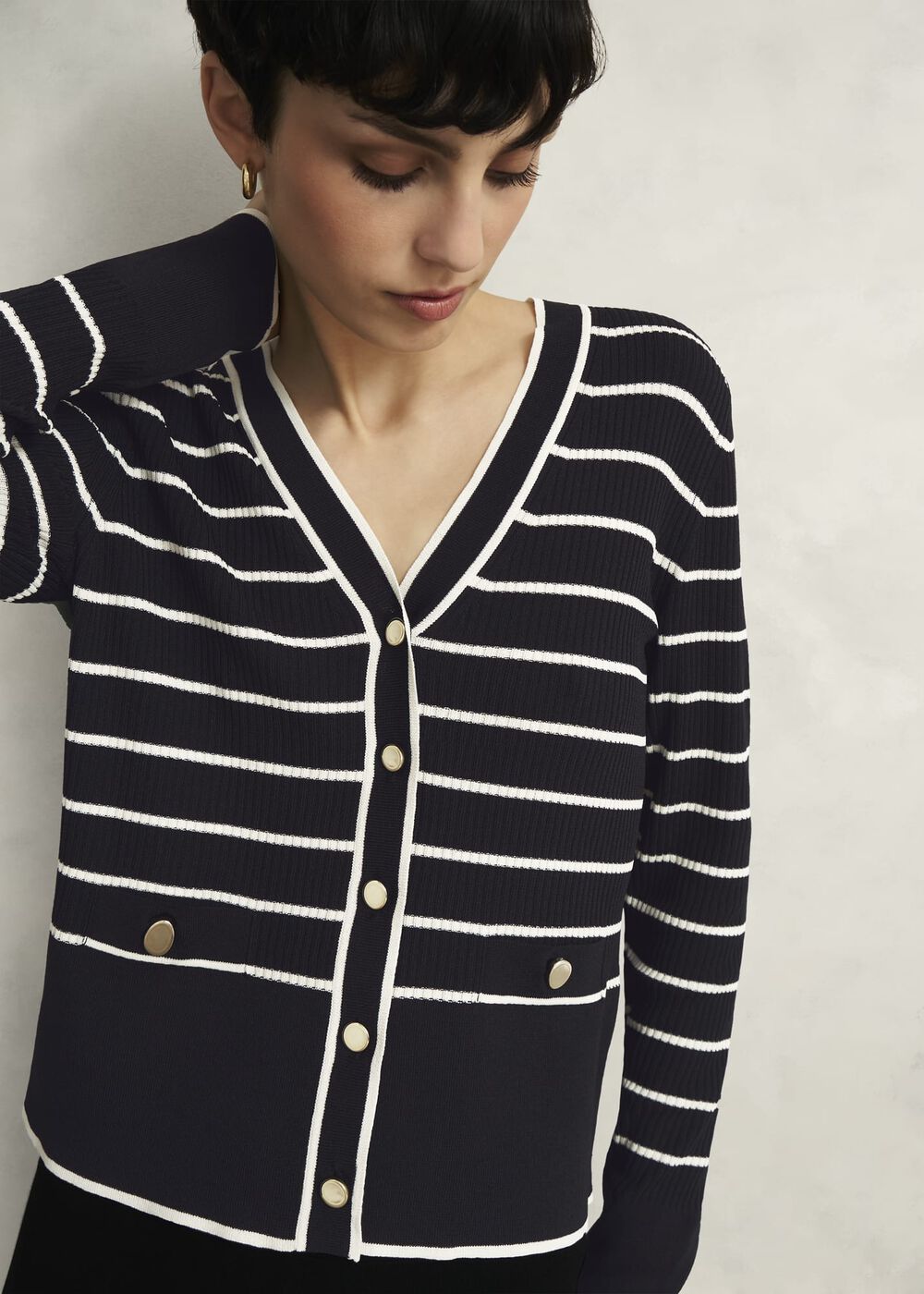 Navy Belmont Striped Knitted V Neck Cardigan, Black Cream, hi-res