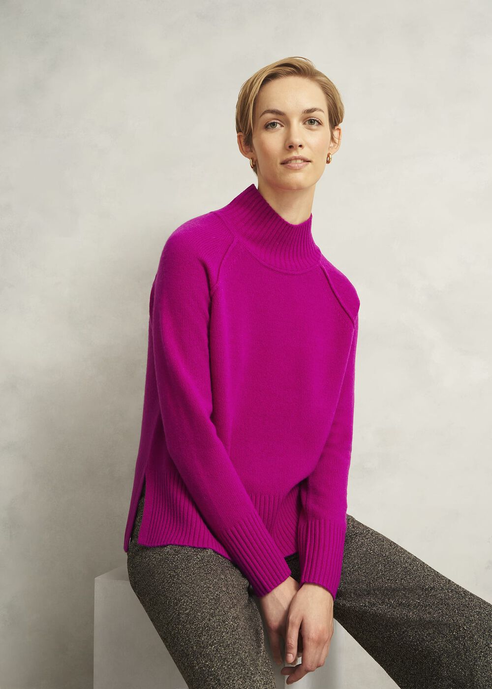 Pink Lorraine Wool Blend Turtle Neck Knitted Sweater, Magenta Pink, hi-res