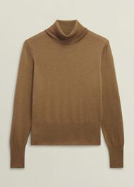 Clarendon Wool Silk Roll Neck Jumper, Classic Vicuna, hi-res