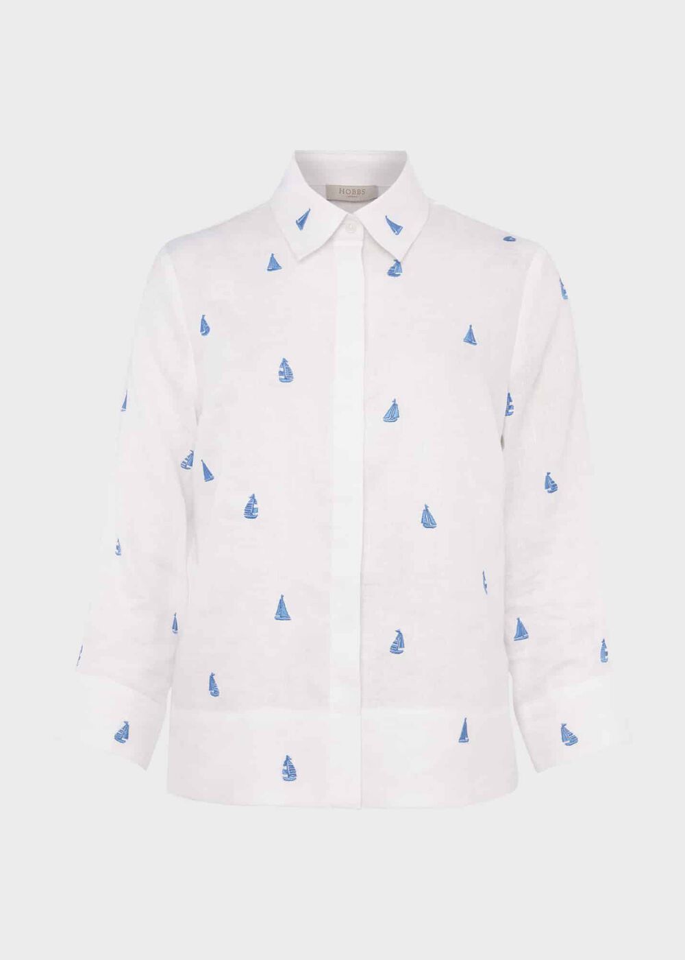 Embroidered Nita Linen Shirt, White Sky Blue, hi-res