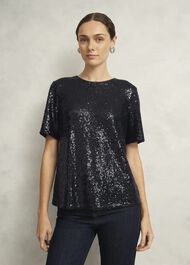 Lilibet Sparkle Sequin Short Sleeve Top, Hobbs Navy, hi-res