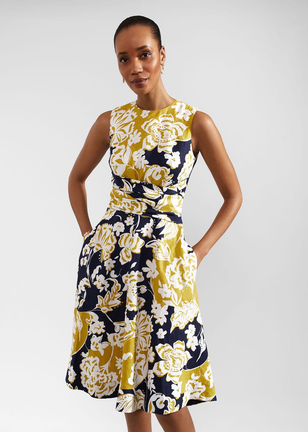 Petite Twitchill Linen Dress, Navy Yellow, hi-res