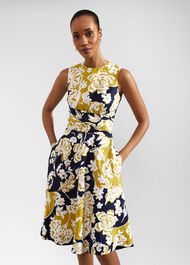 Petite Twitchill Linen Dress, Navy Yellow, hi-res