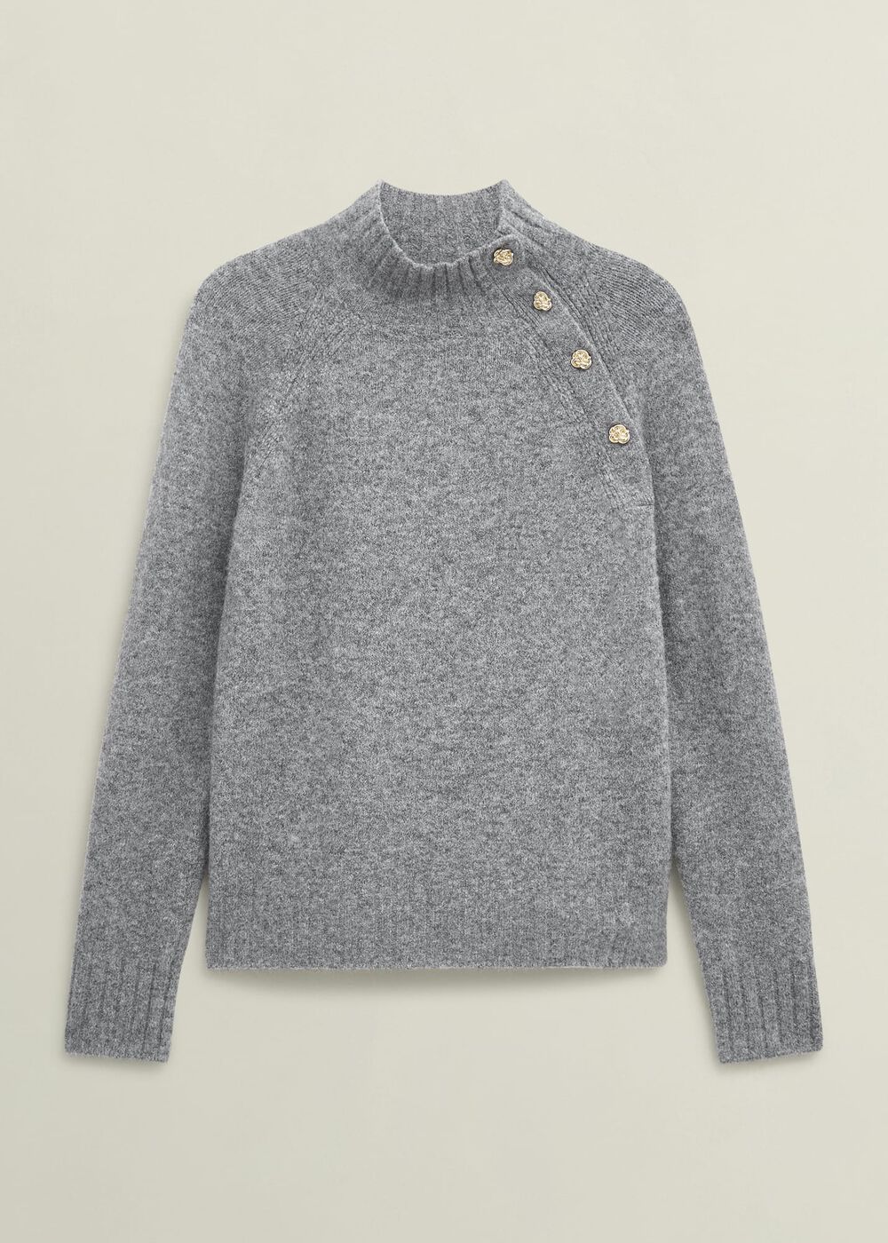 Lisbeth Roll Neck Button Detail Knitted Jumper, Mid Grey Marl, hi-res