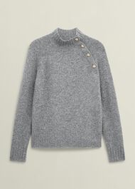 Lisbeth Roll Neck Button Detail Knitted Jumper, Mid Grey Marl, hi-res