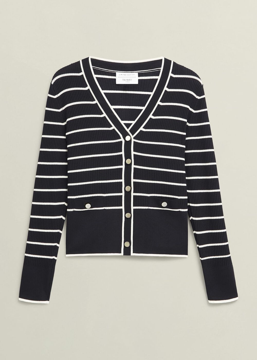 Navy Belmont Striped Knitted V Neck Cardigan, Black Cream, hi-res