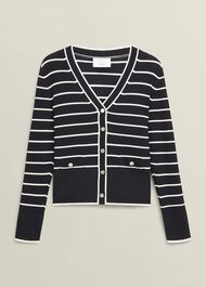 Navy Belmont Striped Knitted V Neck Cardigan, Black Cream, hi-res