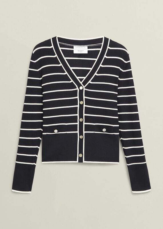 Navy Belmont Striped Knitted V Neck Cardigan