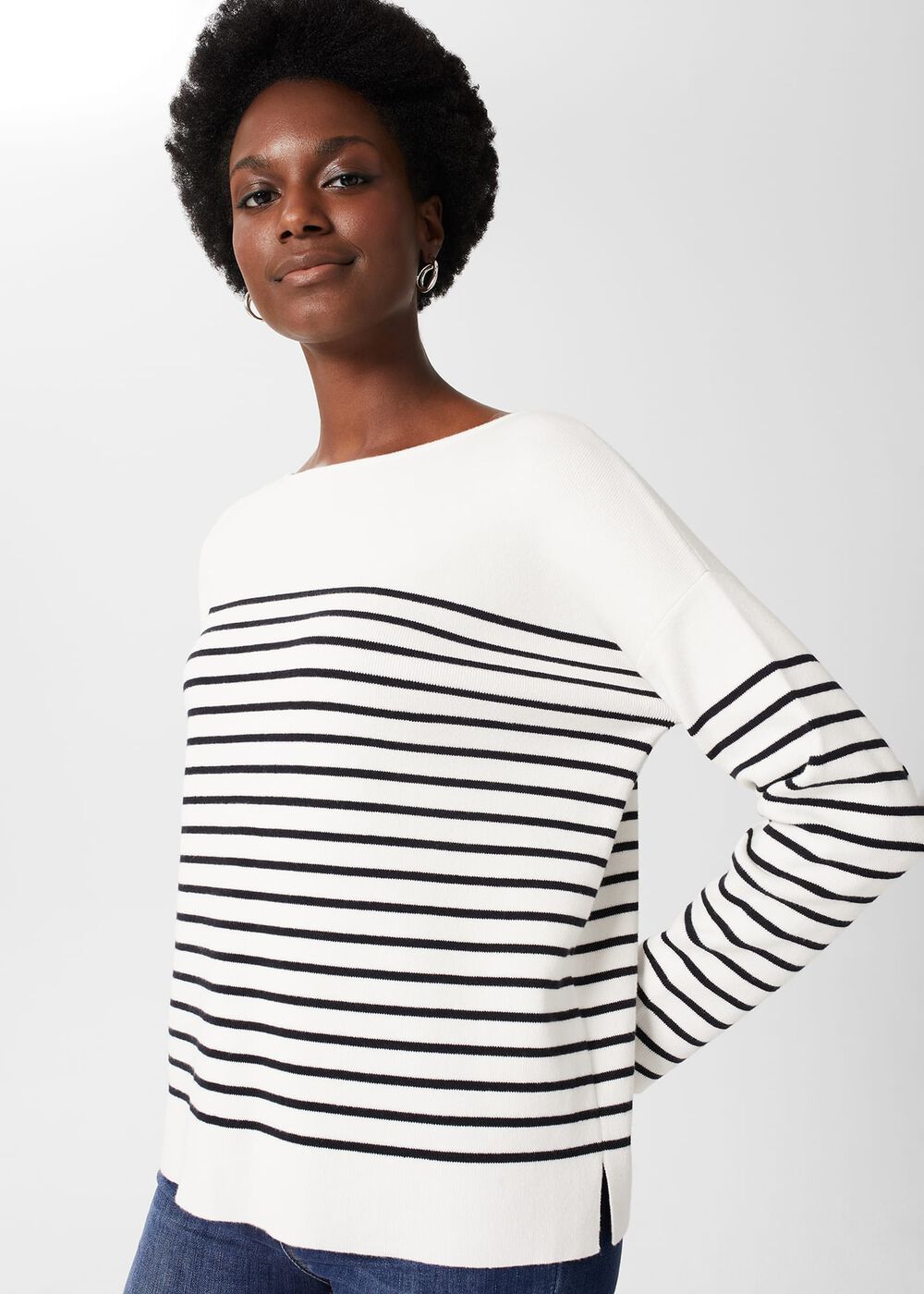 Petra Cotton Striped Sweater, Ivory Navy, hi-res