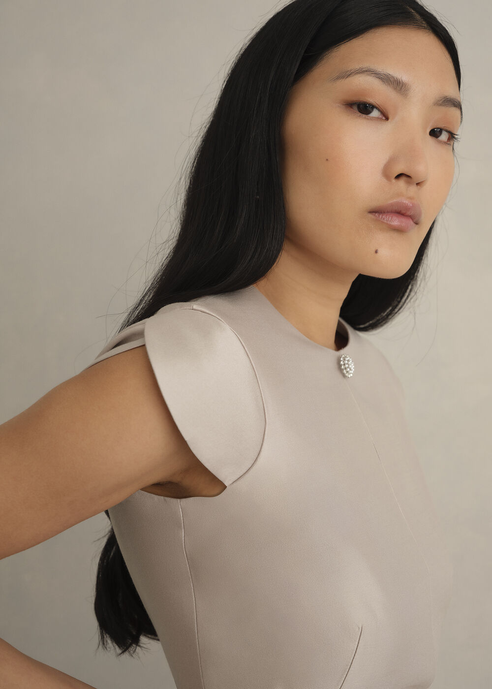 Avery Wool Silk Dress, Oyster, hi-res