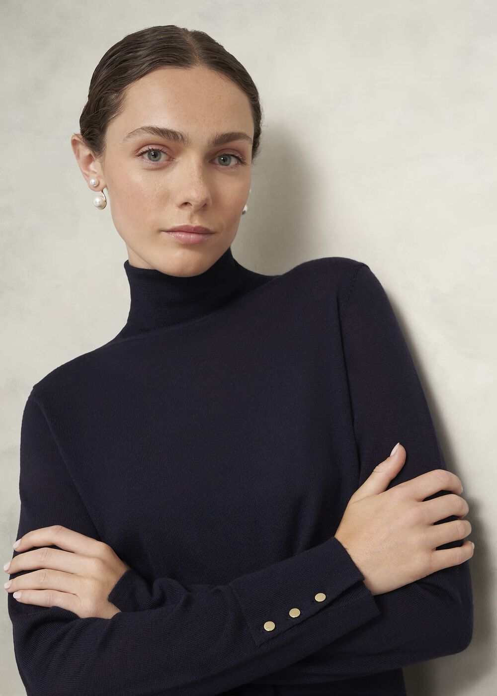 Lara Merino Rollneck Sweater, Navy, hi-res