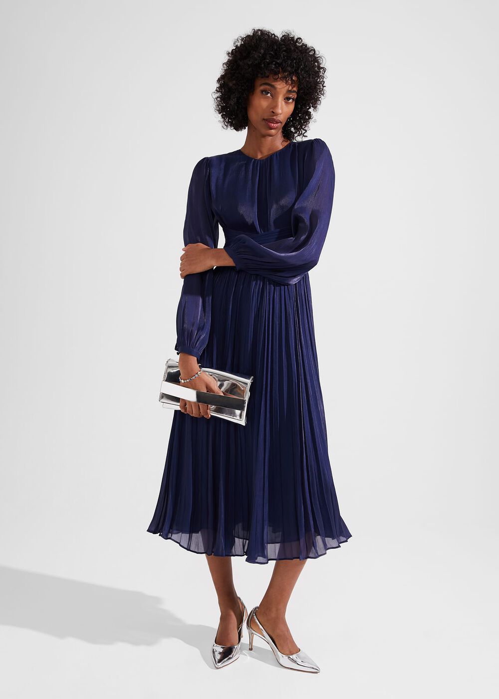 Elina Metallic Pleated Dress, Midnight Navy, hi-res
