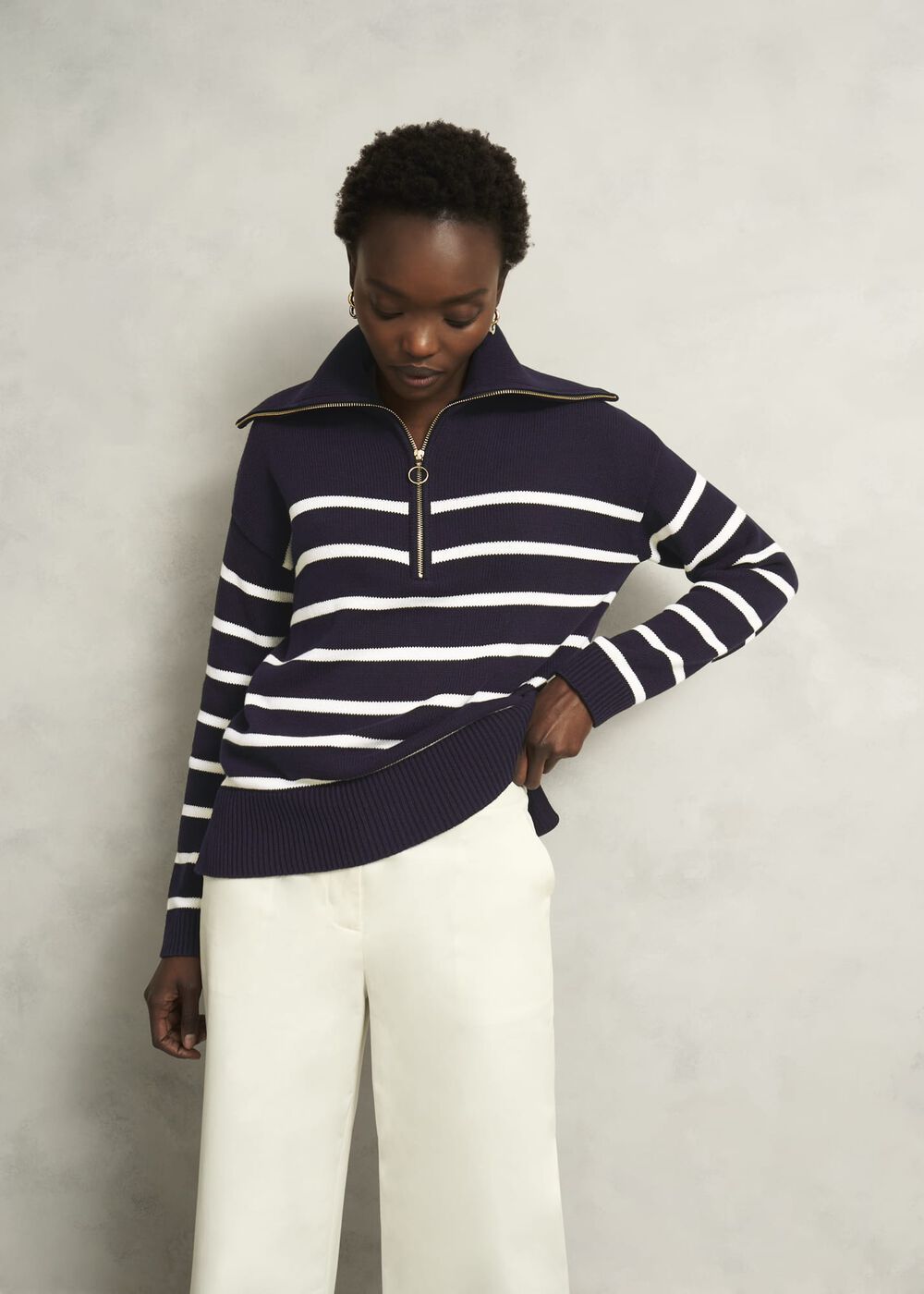 Amy Stripe Cotton Sweater, Warm Ivory Navy, hi-res