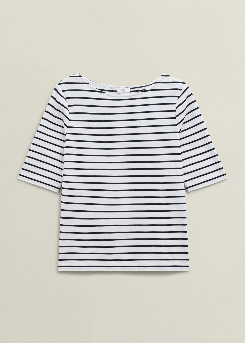 Ivory Katie Cotton Stripe Button Back Top, White Navy, hi-res