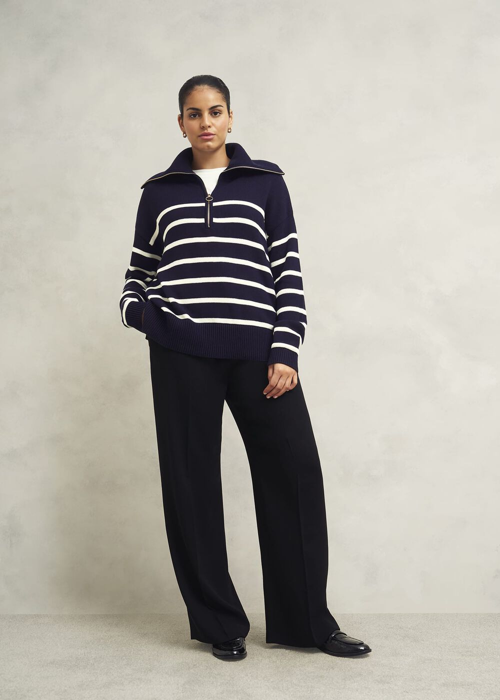 Amy Stripe Cotton Sweater, Warm Ivory Navy, hi-res