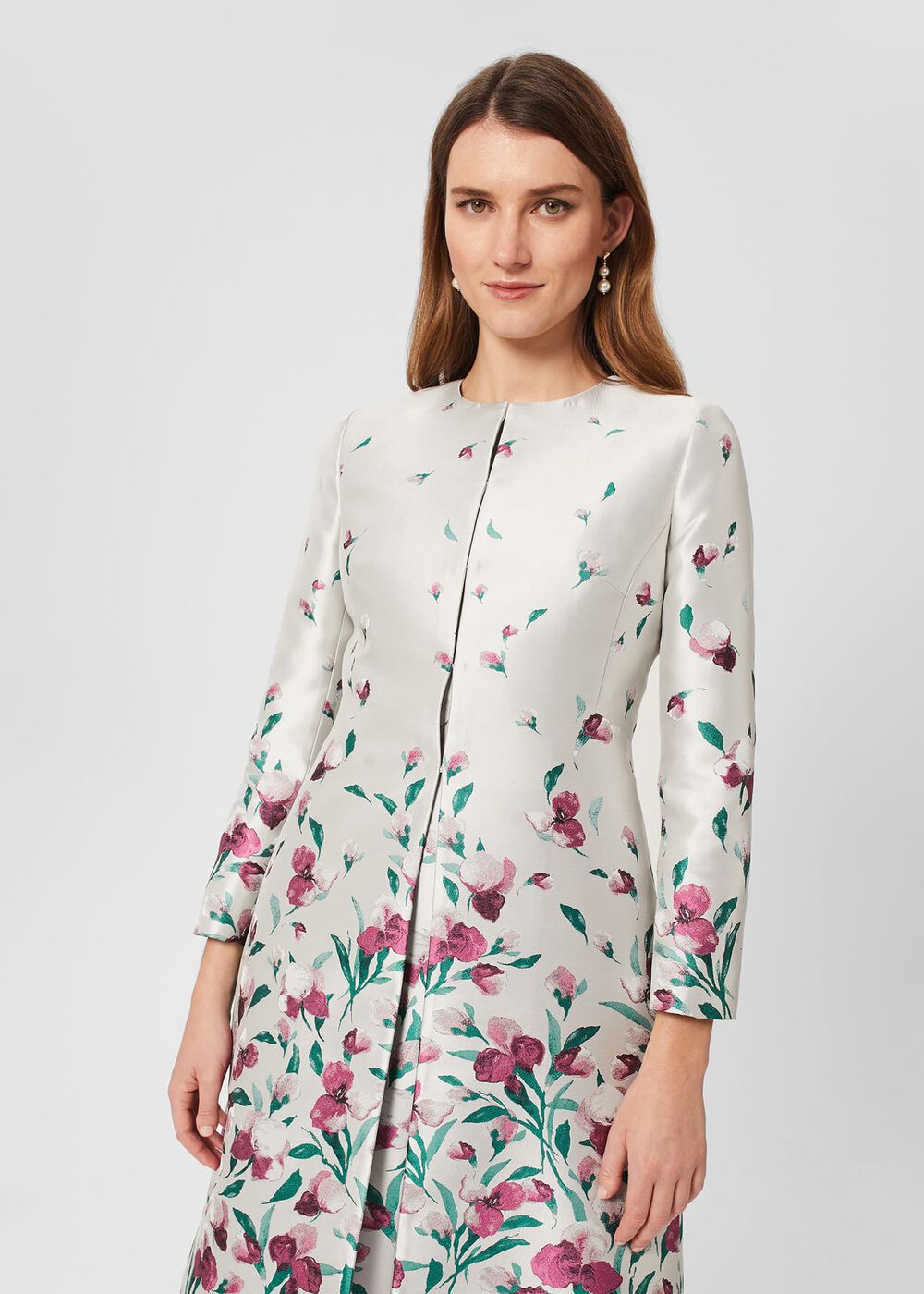 Gwen Floral Jacquard Coat, Oyster Multi, hi-res
