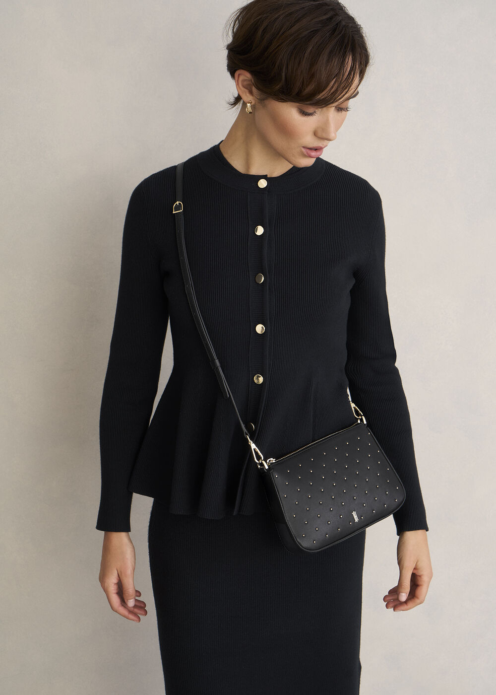 Briella Leather Stud Bag, Black, hi-res