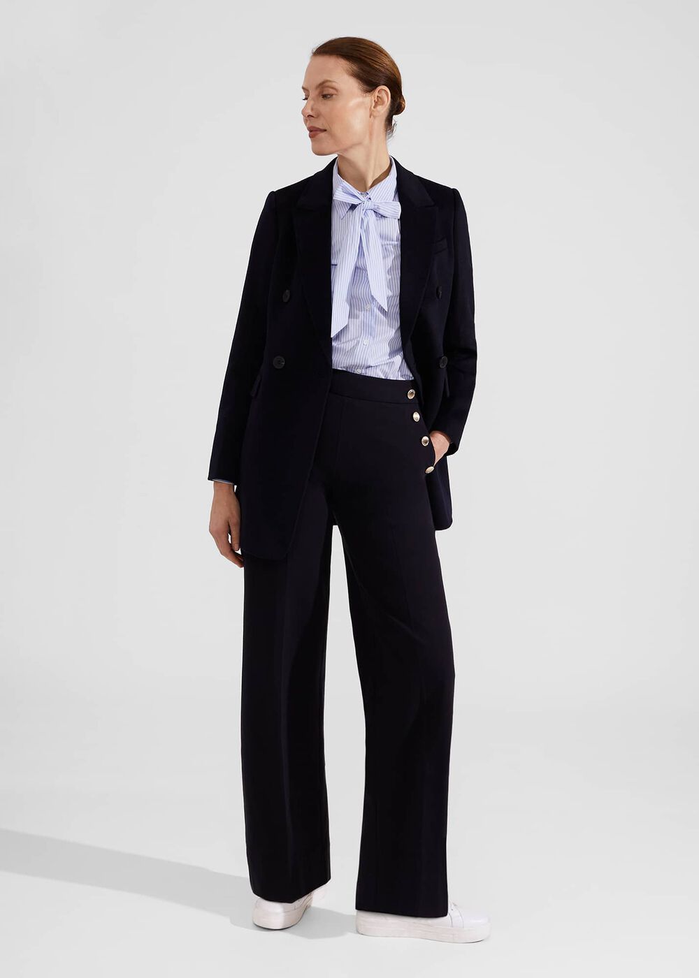Hana Wide Leg Cotton Blend Trousers, Navy, hi-res