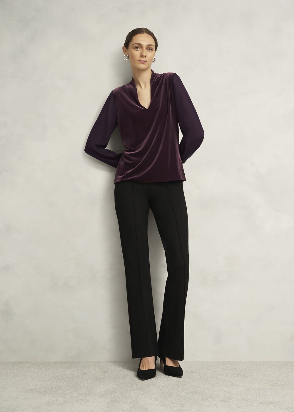 Aimee Velvet V Neck 3/4 Sleeve Top, Malbec Purple, hi-res