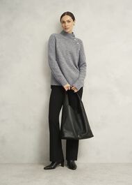 Lisbeth Roll Neck Button Detail Knitted Jumper, Mid Grey Marl, hi-res