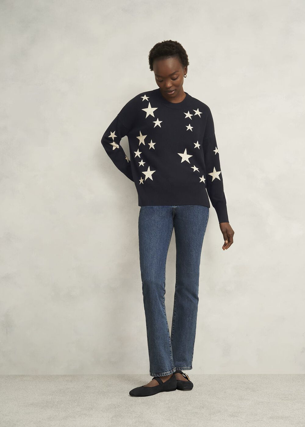 Arnelle Wool Blend Star Print Knitted Sweater, Navy Silver, hi-res
