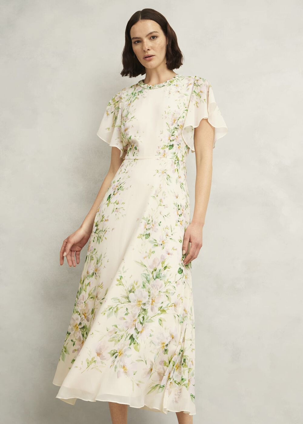 Kim Plait Neck Floral Silk Dress , Cream Multi, hi-res
