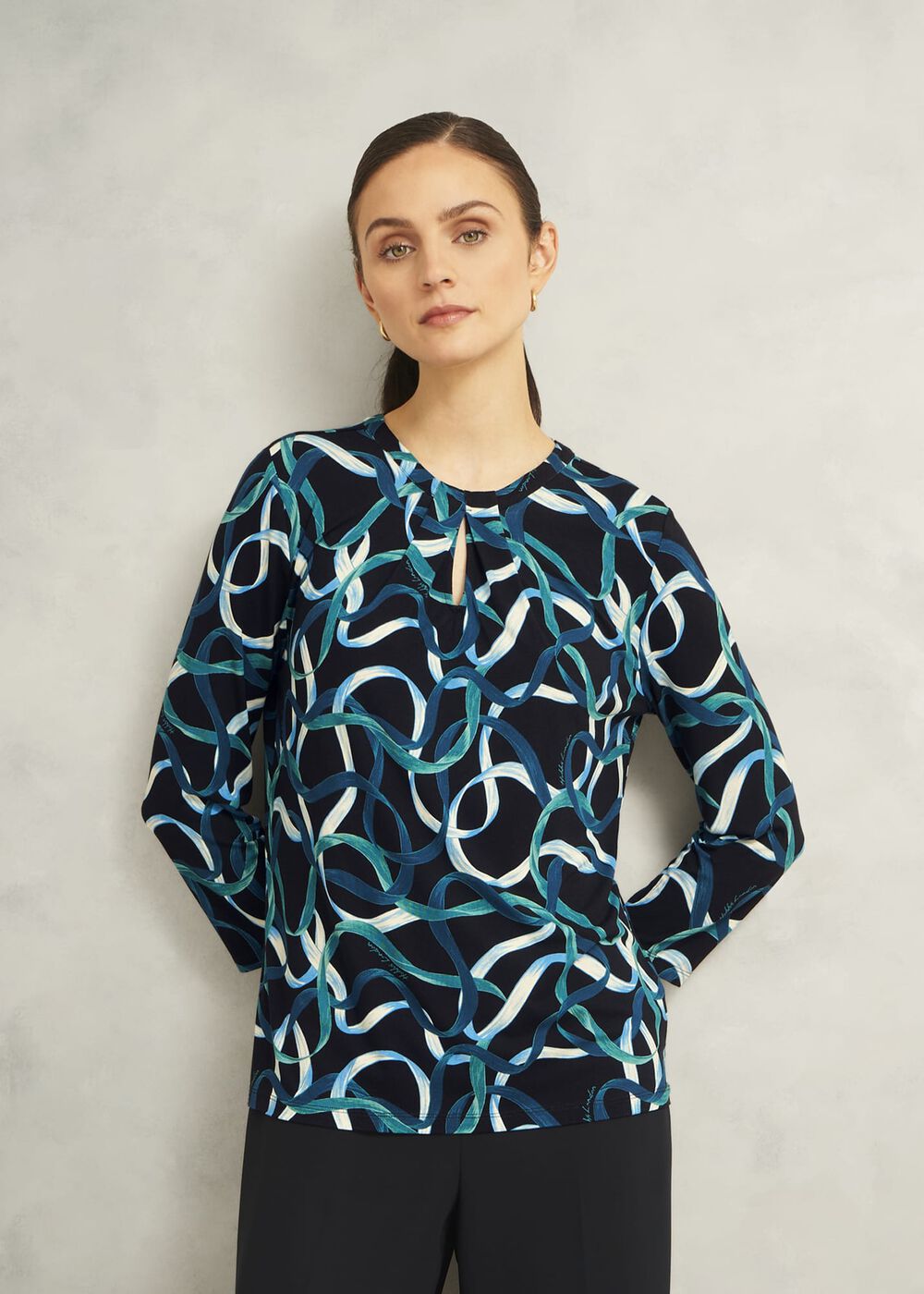 Blue Julia Ribbon Printed Key Hole 3/4 Sleeve Top, Navy Blue, hi-res