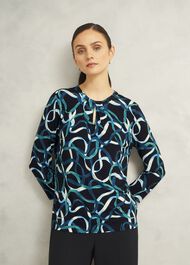 Blue Julia Ribbon Printed Key Hole 3/4 Sleeve Top, Navy Blue, hi-res