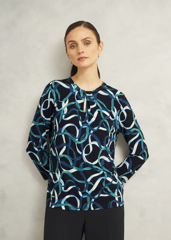 Blue Julia Ribbon Printed Key Hole 3/4 Sleeve Top