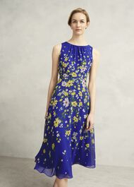 Petite Carly Gathered Neck Dress, Blue Multi, hi-res