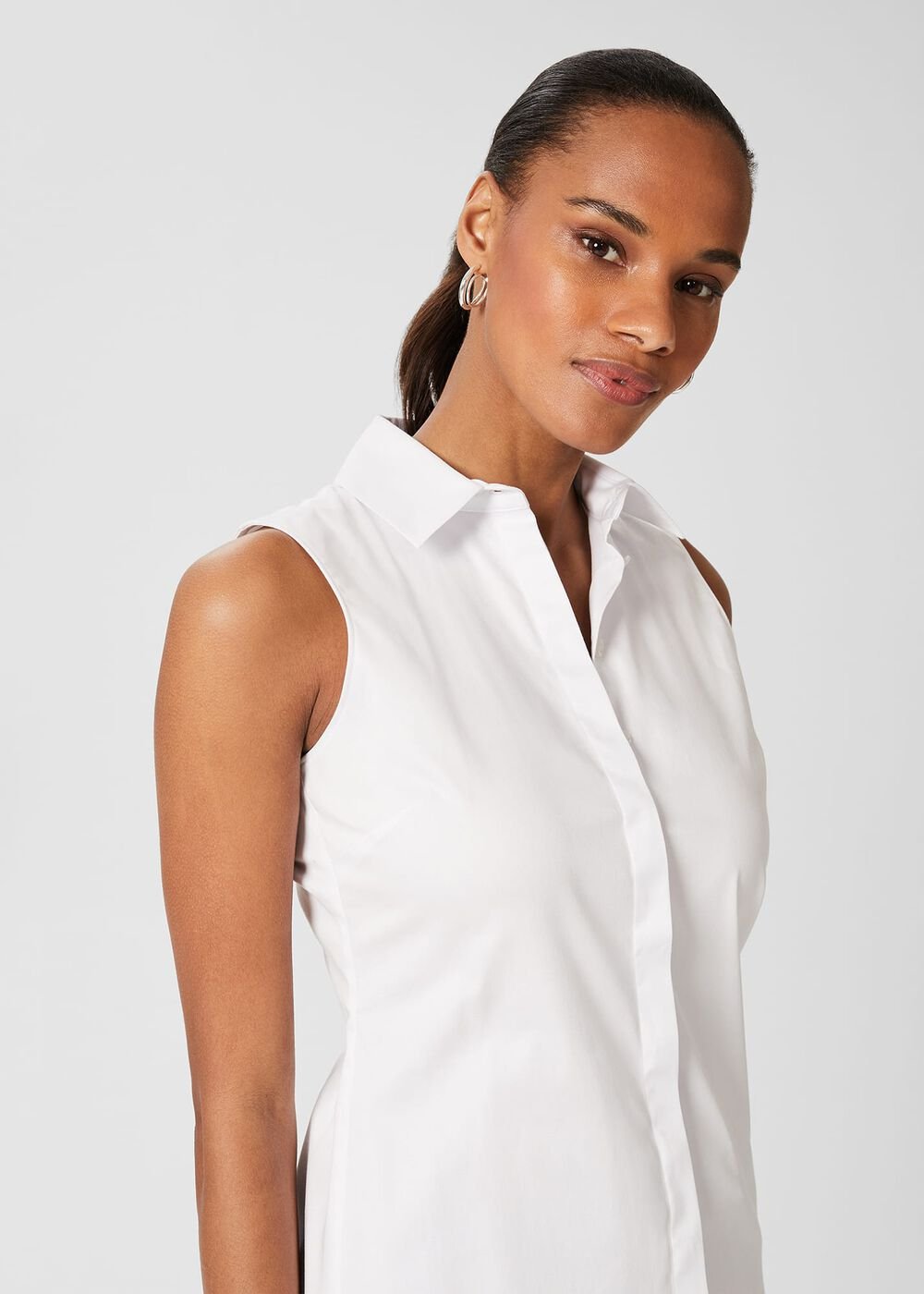 Sleeveless Vic Cotton Shirt , White, hi-res