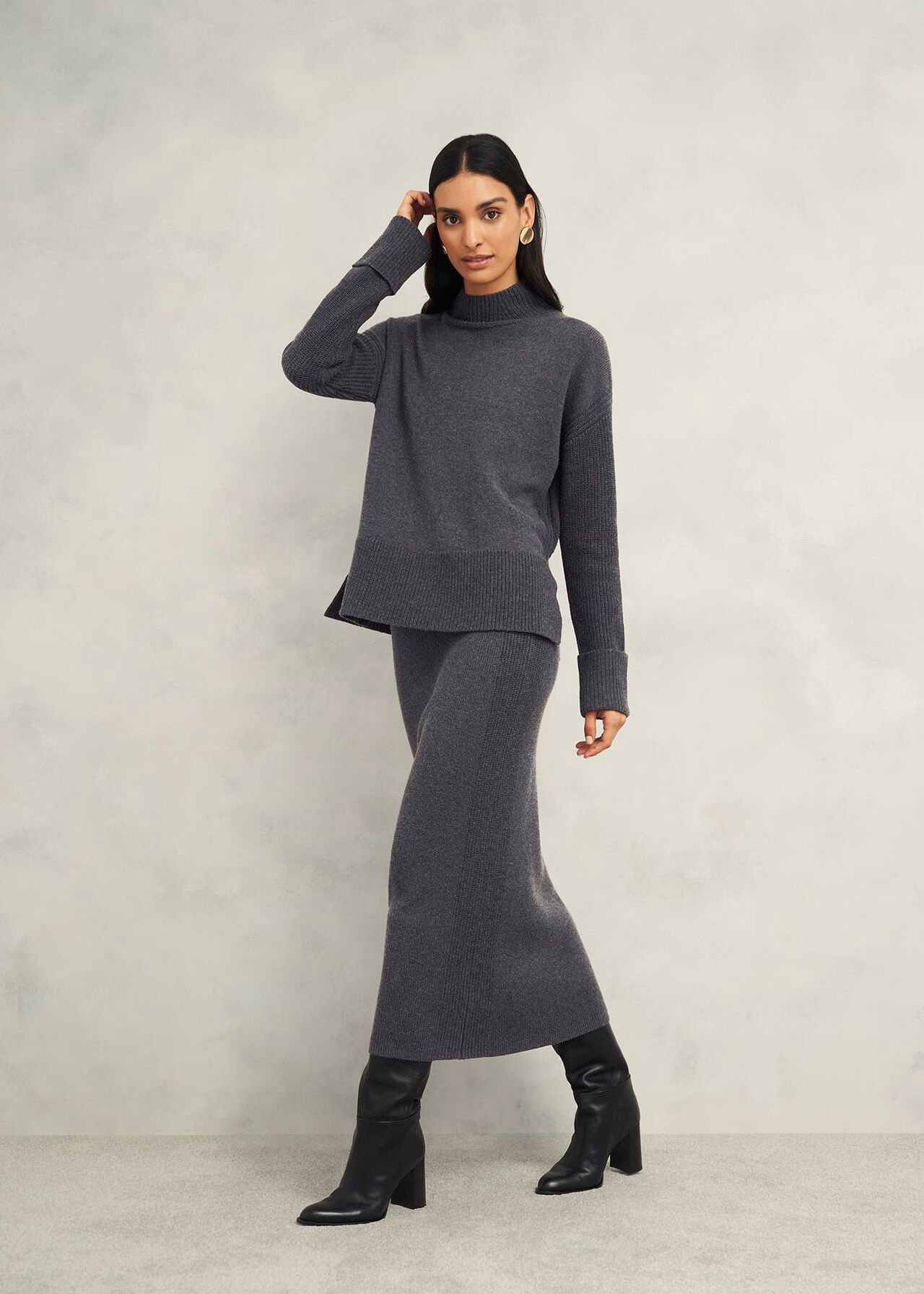 Gaskell Co-Ord Wool Cotton Sweater, Dark Grey Marl, hi-res