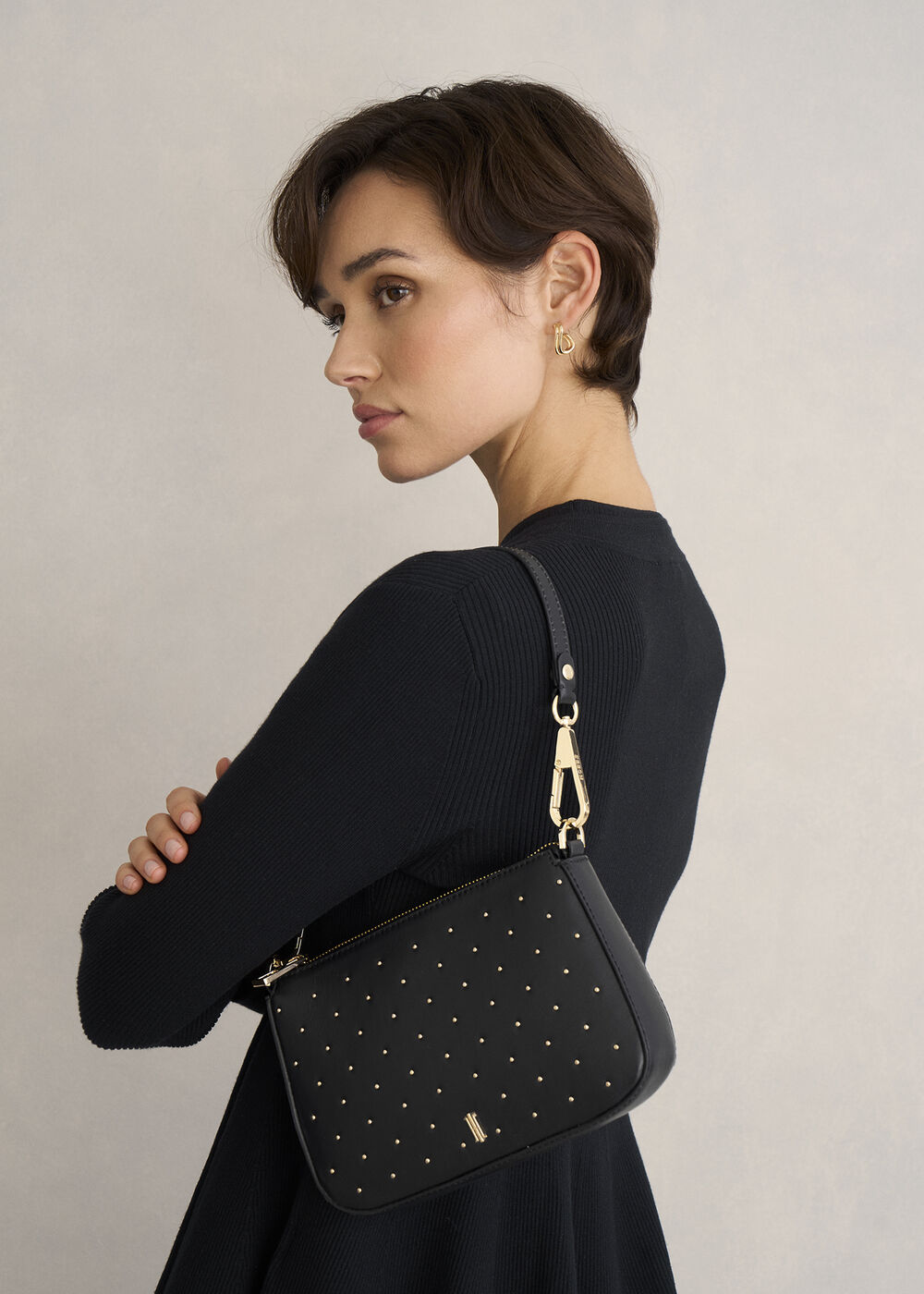 Briella Leather Stud Bag, Black, hi-res